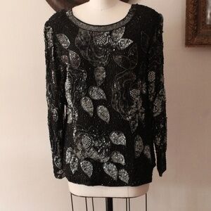 1980's Oleg Cassini Black and Silver Beaded Long Sleeve Blouse